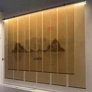 丝绢纱帘素麻布带灯卷帘半透遮光电动窗帘办公室茶室隔断屏风挂帘