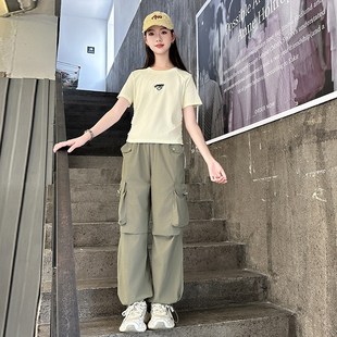 女大童夏装套装2025新款儿童洋气少女学生时髦酷飒风工装裤两件套