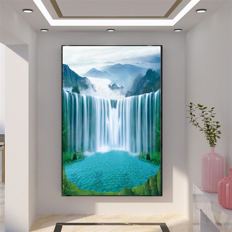 流水生财黄果树瀑布聚宝盆风景画客厅走廊过道玄关装饰晶瓷框挂画