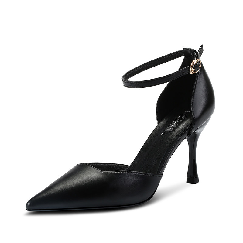 一字扣高跟鞋女职业细跟黑色尖头百搭5cm低跟面试工作鞋单鞋小码