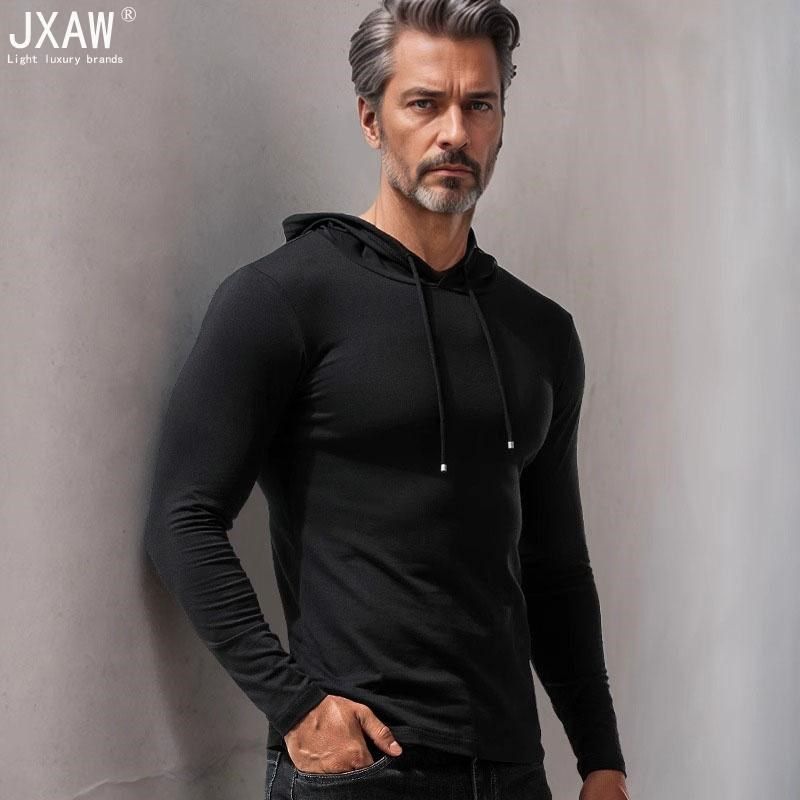 长袖T恤男士2025春季新款连帽打底衫薄款紧身带帽衫白色秋衣