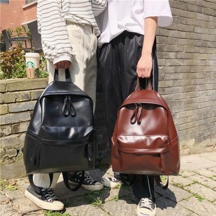 日版 高中学生双肩包森系百搭皮纯色背包 古着感少女书包校园韩版
