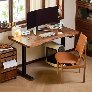 北美黑胡桃木电动升降书桌全实木办公桌电脑桌可升降工作台学习桌