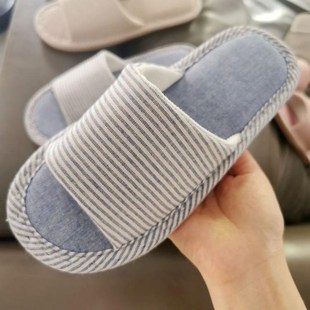 凉拖鞋 女条纹居家日系春秋季 防滑厚底布艺拖鞋 情侣透气亚麻拖新款