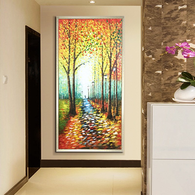玄关过道走廊装饰画竖版发财树手绘立体油画客厅挂画卧室墙画图片