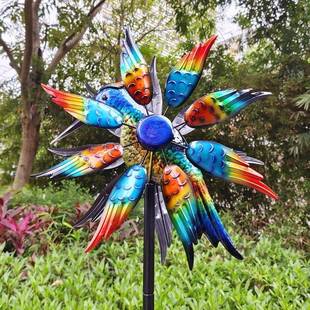 新款 饰风车摆件 户外田野庭院公园别墅铁艺工艺品蜂鸟落地装