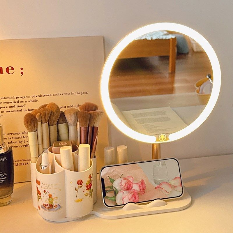 化妆镜台式桌面带led灯收纳盒一体高级感补妆镜主卧化妆台镜子女