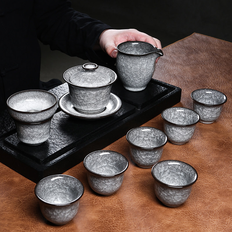 青瓷功夫茶具套组哥窑冰裂纹手工盖碗茶杯公O道杯茶滤泡茶整套茶
