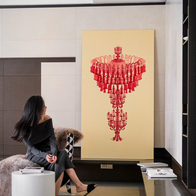 若奈 法国宝石红手绘水晶吊灯艺术挂画客厅玄关大幅装饰画