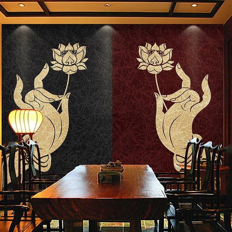 东南亚风格壁画客厅m佛手玄关背景墙壁纸泰式美容院养生瑜伽馆墙