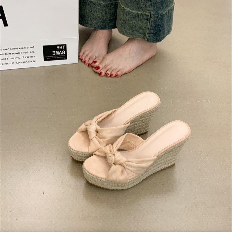 34码小个子增高鞋~纽结裸色坡跟拖鞋女夏外穿草编厚底.凉鞋一字拖