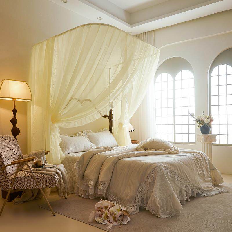 易拆洗麻纱蕾丝蚊帐U型伸缩升降不锈钢支架防尘落地家用卧室床幔