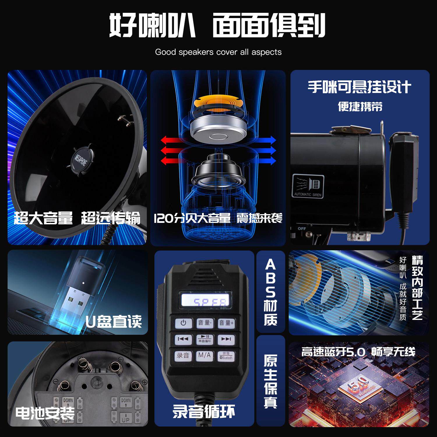 100W扬声器录音宣传户外高音大功率手持喊话器喇叭扩音器护林防火