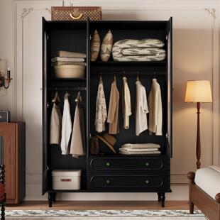 衣柜家用卧室衣橱收纳柜2025新款靠墙一体挂衣柜复古实木衣柜定制