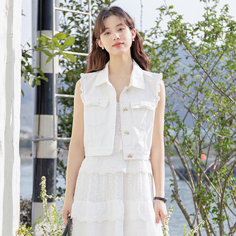 2025早春马甲背心白色牛仔外套配长裙两件套女短外套吊带裙子套装