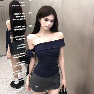 纯欲辣妹修身 一字肩上衣半身裙两件套装 女设计感露肩t恤短裙夏季