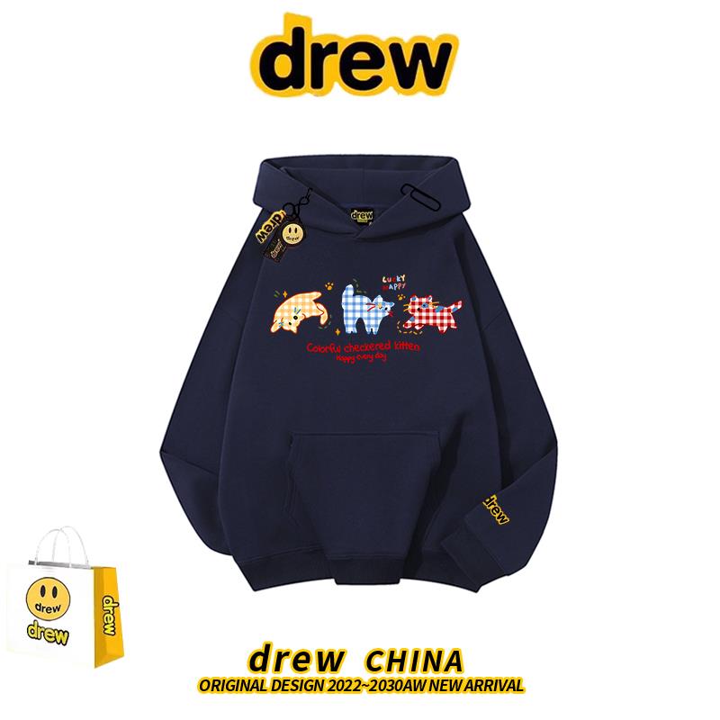 drew重磅美式趣味卡通印花连帽加绒卫衣女男情侣款春秋冬宽松帽衫