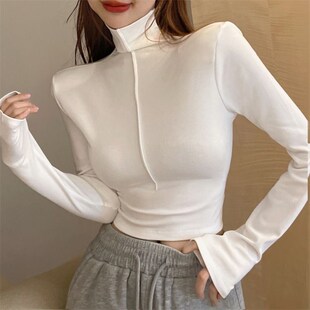 白色加绒磨毛内搭高领打底衫女秋冬紧身高腰短款t恤性感露脐上衣