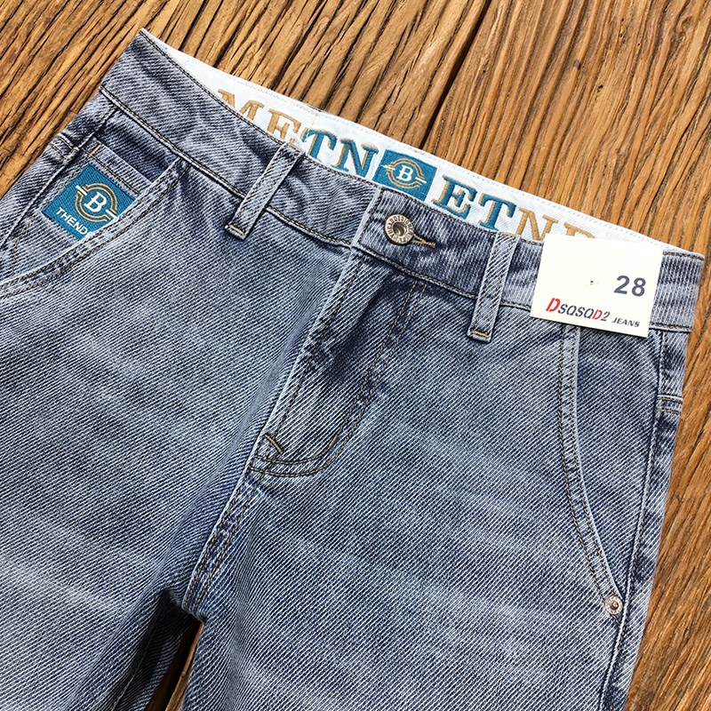 斜纹面料夏季牛仔裤男九分裤薄款高端流行浅蓝色弹力修身小脚长裤