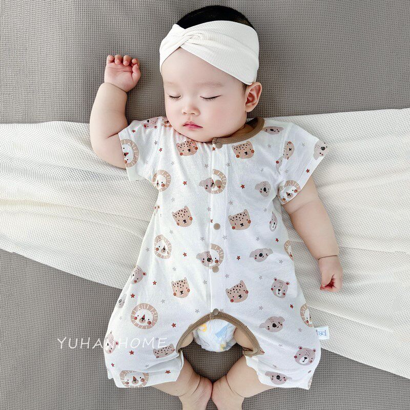 婴儿夏装开档纯棉a类薄款透气卡通无骨新生儿居家睡衣宝宝连体衣