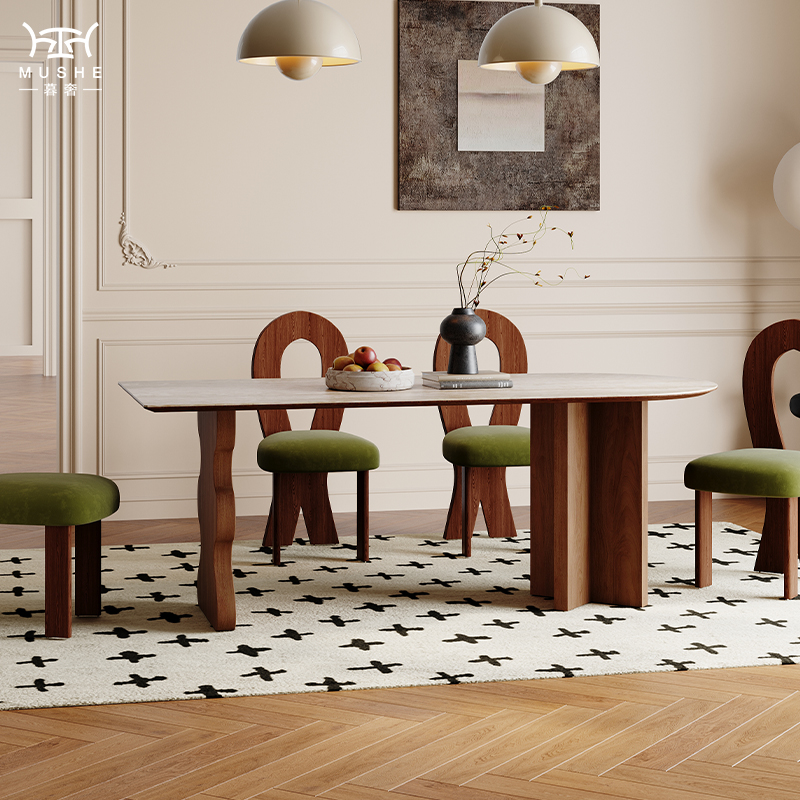 暮奢法式复古洞石岩板餐桌椅北美黑胡桃实木设计师半椭圆岛台餐桌