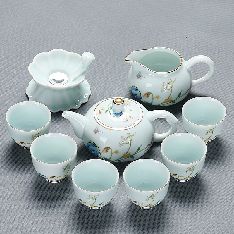 功夫茶艺盖碗茶道茶壶喝茶杯现代瓷套装家用办公整套描金陶瓷茶具