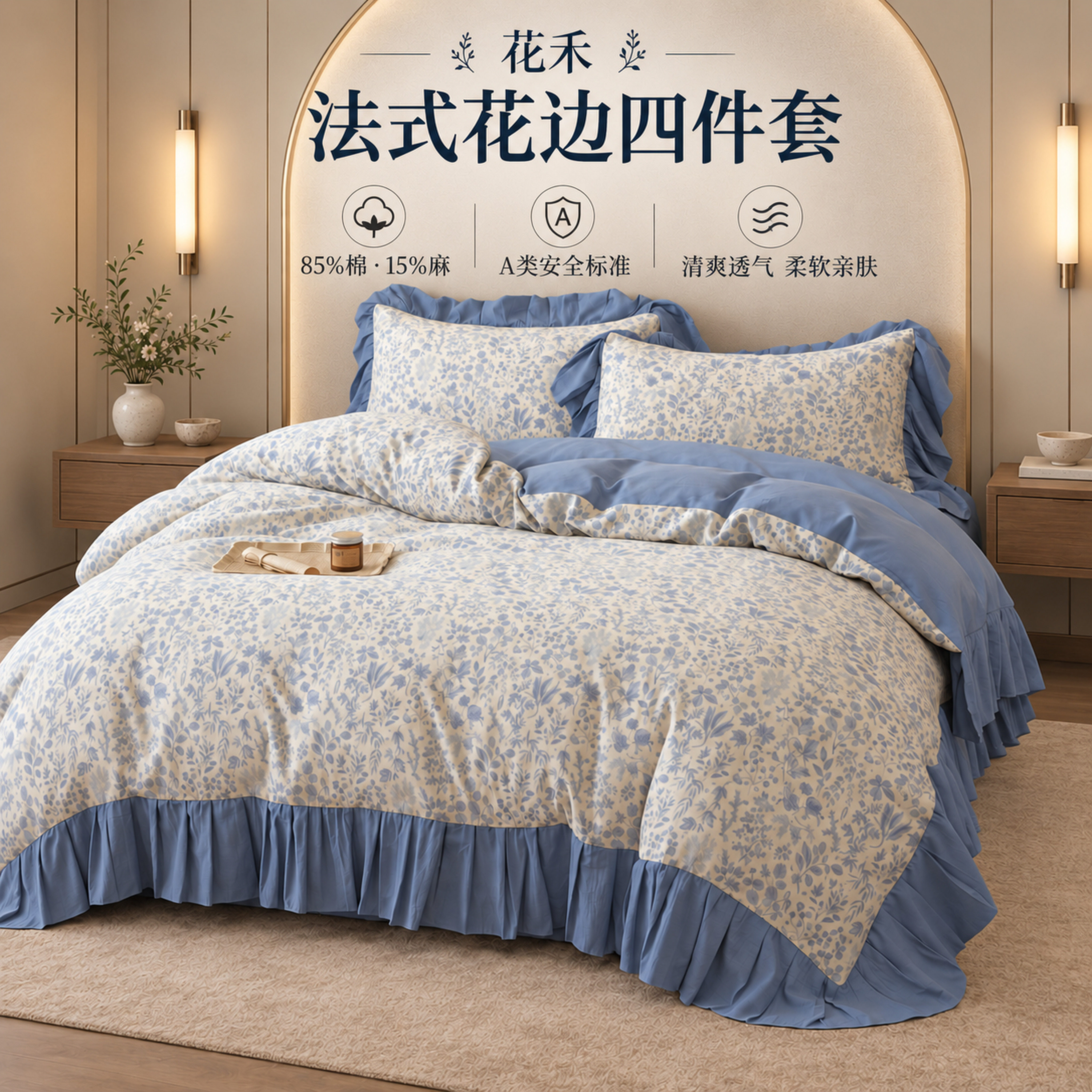 A类棉麻花边四件套亲肤透气