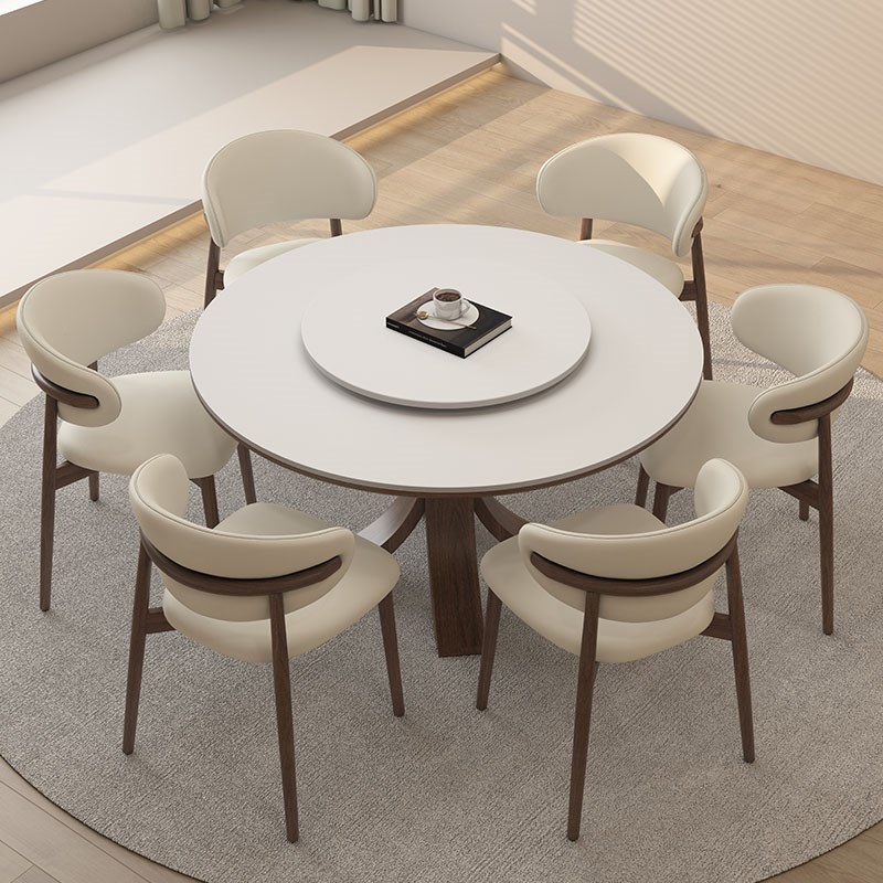 德利丰实木岩板餐桌家用小户型奶油中古风高级感全托圆形吃饭桌子