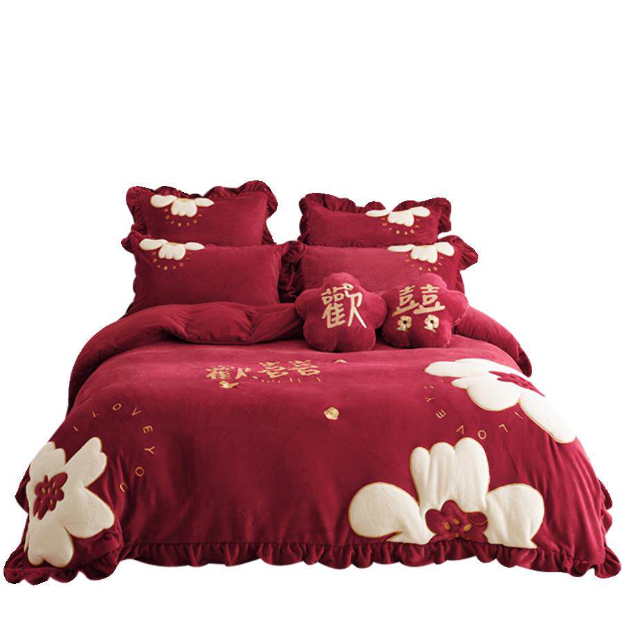 浪漫小花喜被结婚冬款牛奶绒四件套加绒被套罩珊瑚绒加厚婚庆床品
