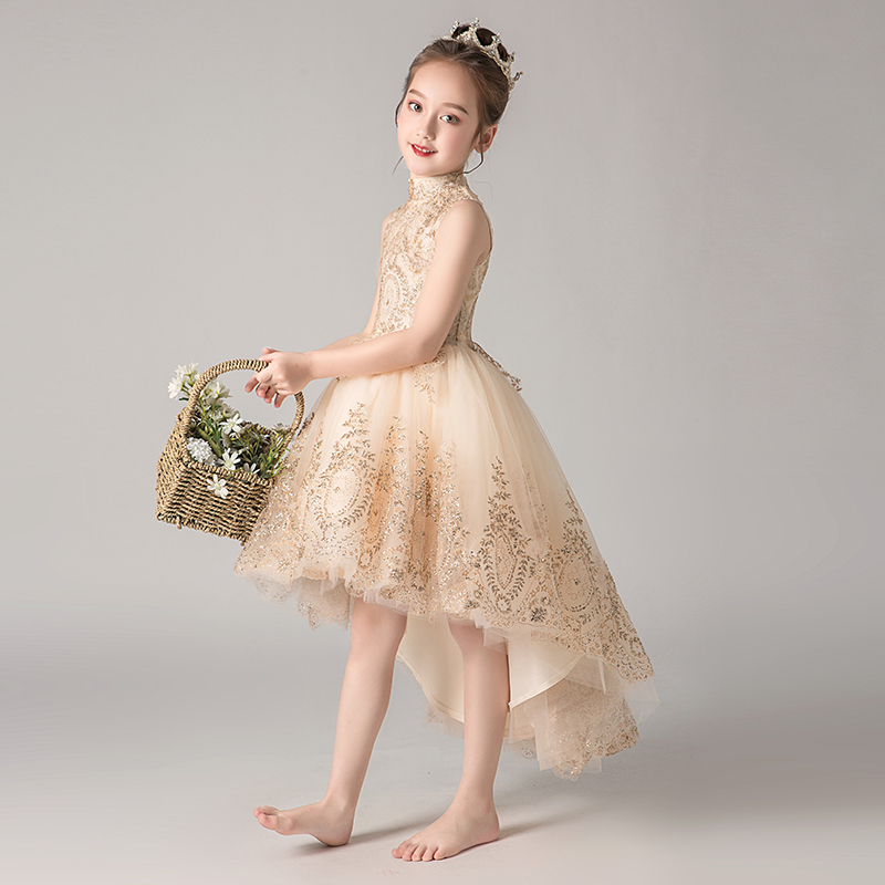 儿童礼服公主裙女童金色走秀小女孩高端花童主持人钢琴演出服夏季