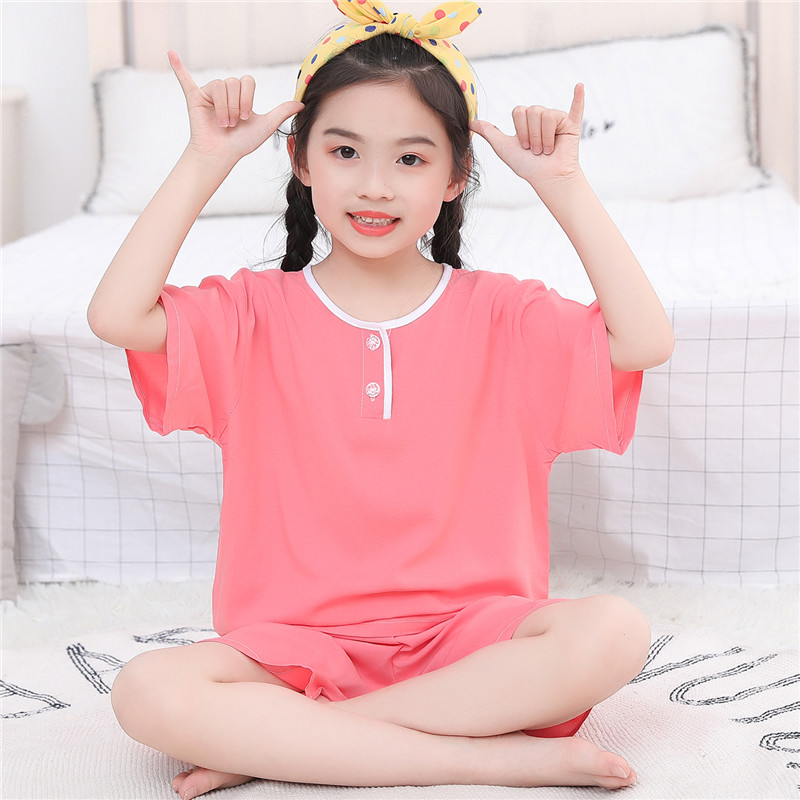 夏季儿童短袖睡衣小孩子棉绸空调服男童女童宝宝薄款绵绸套装夏天