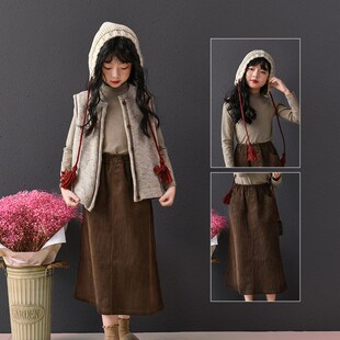 女童裙子秋冬2024新款中长款洋气高级感半裙灯芯绒冬季儿童半身裙