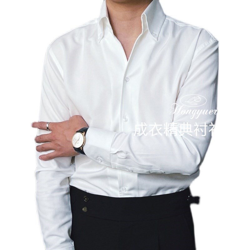 HYE意式复古商务时尚休闲白色一片大尖领男士长袖衬衫V领高级感