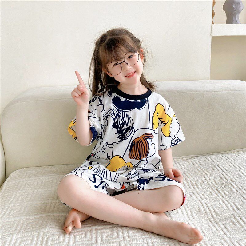 儿童短袖短裤连体衣宝宝纯棉按扣防踢被夏季女童睡袋男童卡通睡袍