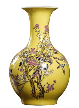 景德镇陶瓷器花瓶摆件黄色赏瓶客厅插花中式家居电视柜装饰品瓷瓶