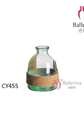 百花园绿色田园风麻绳透明玻璃花瓶插花花器水培植物器皿居家摆件