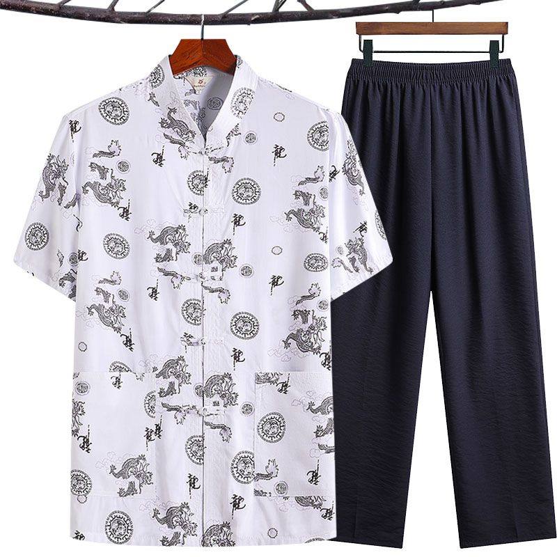 夏季中老年人男棉绸短袖衬衫套装唐装中山装大码休闲爸爸装汉服薄,男装,唐装,淘宝优惠券,粉丝福利购,淘宝优惠卷