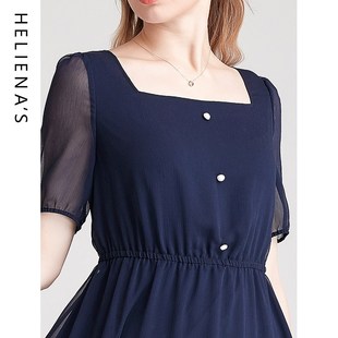 优雅短袖 海兰丝HOT夏季 气质方领A字裙子时尚 法式 雪纺连衣裙 新款