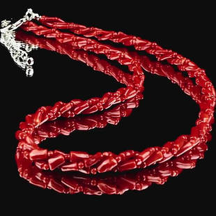 项链 三股编织红珊瑚经典 三井 珠宝