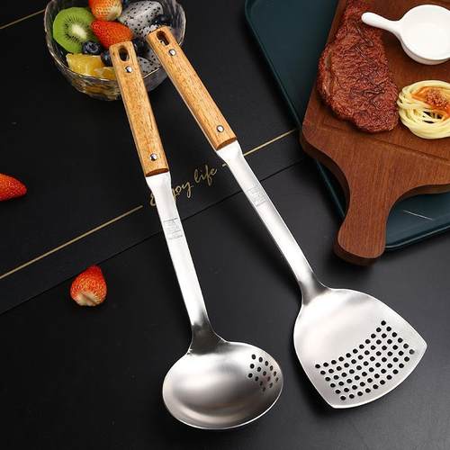 新款304不锈钢铲勺一体两用创意锅铲汤勺木柄炒铲勺子煎铲漏勺