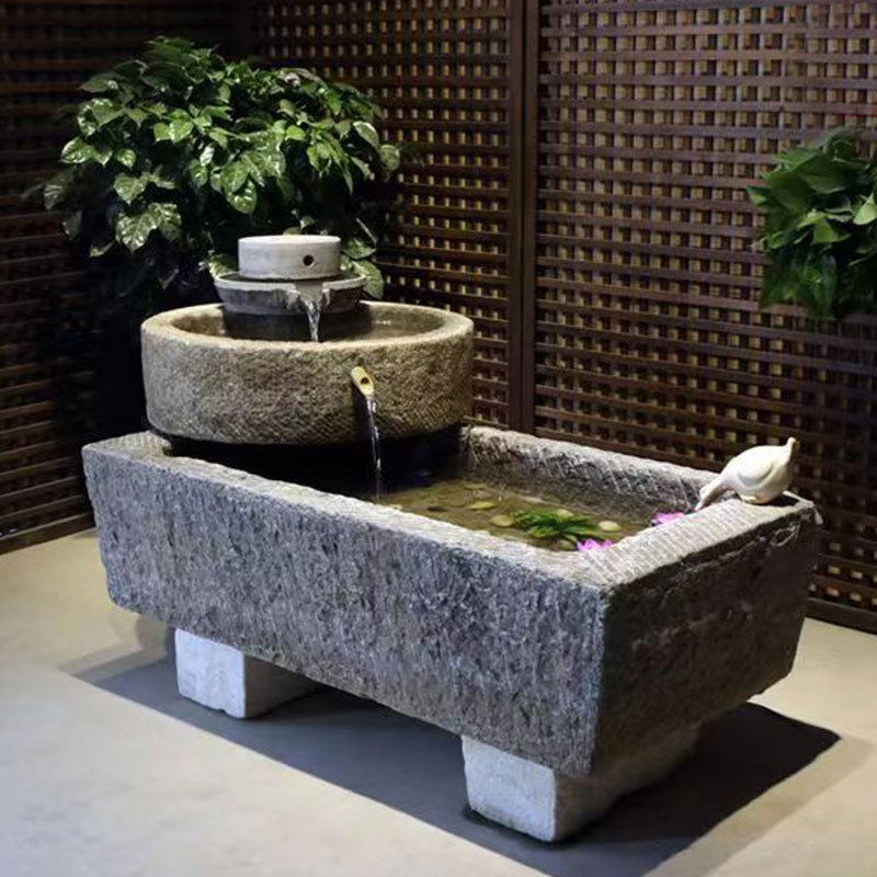 老石槽鱼缸流水摆件石磨水景牛槽马槽老石头鱼缸户外庭院养鱼造景