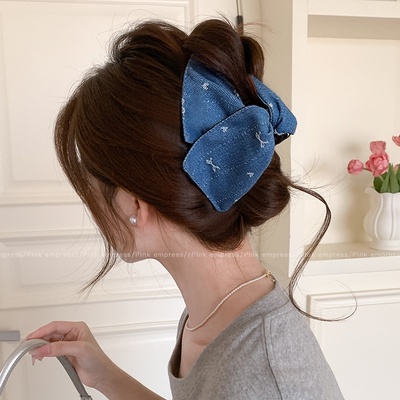 仙气发夹女浅蓝色蝴蝶结发饰大号抓夹头饰氛围感神器鲨鱼夹子发抓