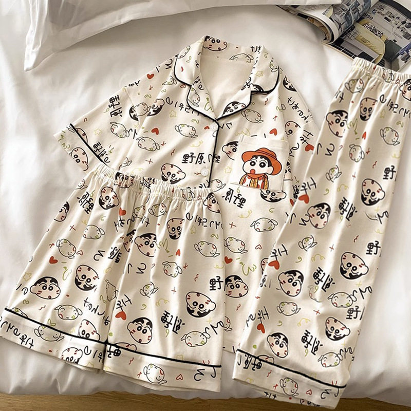 俏皮少女感蜡笔小新网红热门卡通牛奶丝三件套家居服套装代发