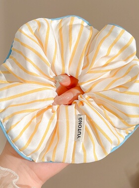 奶黄色双层撞蓝条纹大肠发圈女甜美可爱丸子头发绳超大扎头发头绳