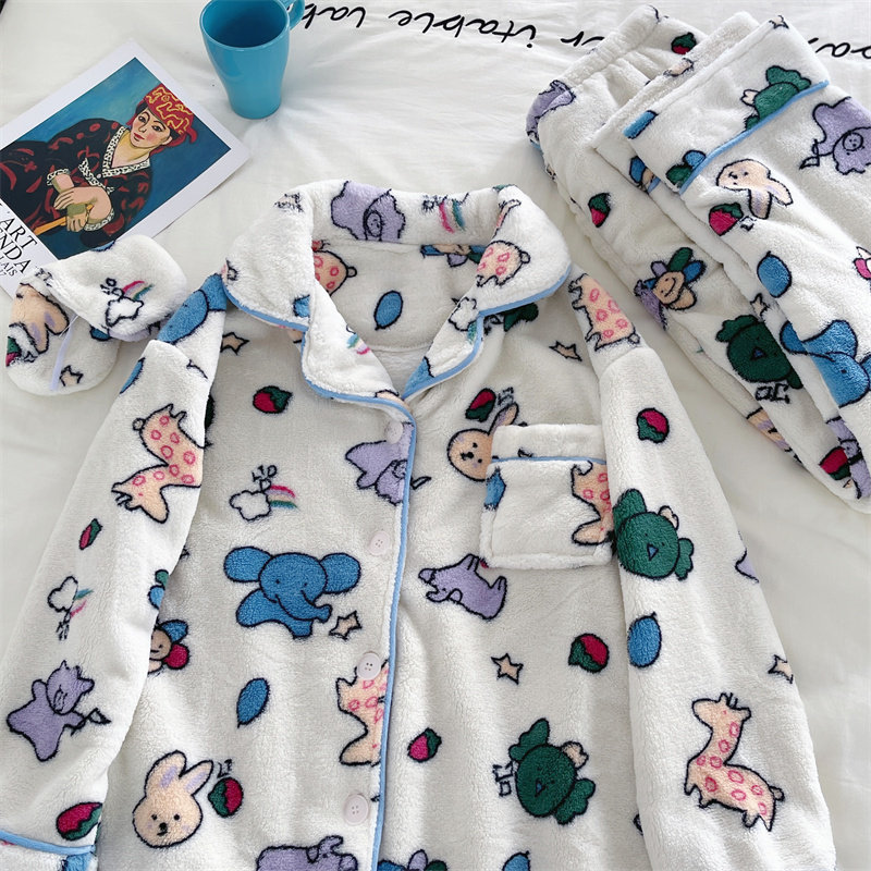 萌系卡通睡衣女秋冬季珊瑚绒加绒加厚可爱甜美保暖家居服实拍代发