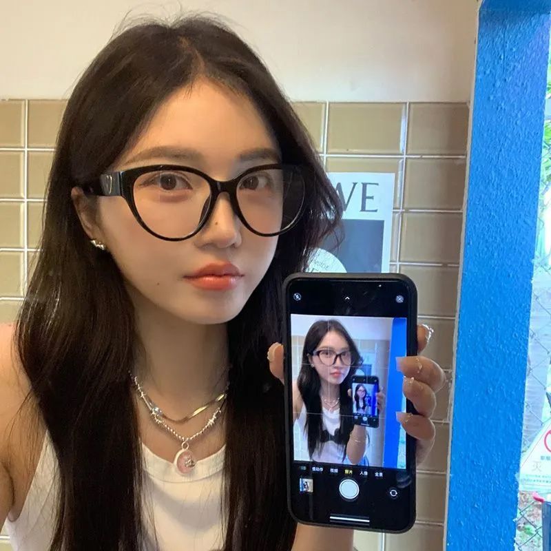 网红素颜猫眼爱心眼镜框黑色平光眼镜女潮ins风显脸小复古眼睛架