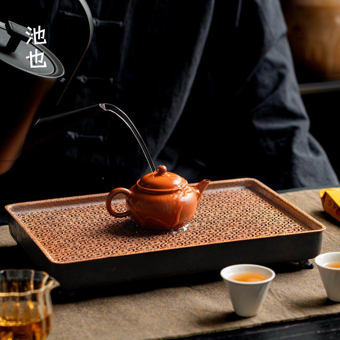 纯铜工锤SUG纹做旧茶台盘家用干泡中式茶水杯收手纳功夫托茶具盘