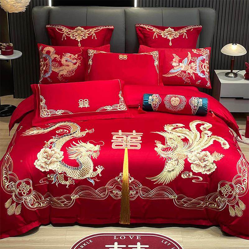 婚庆礼四件套大刺红绣龙凤被结婚房D六件套床上用品喜庆新婚套绣