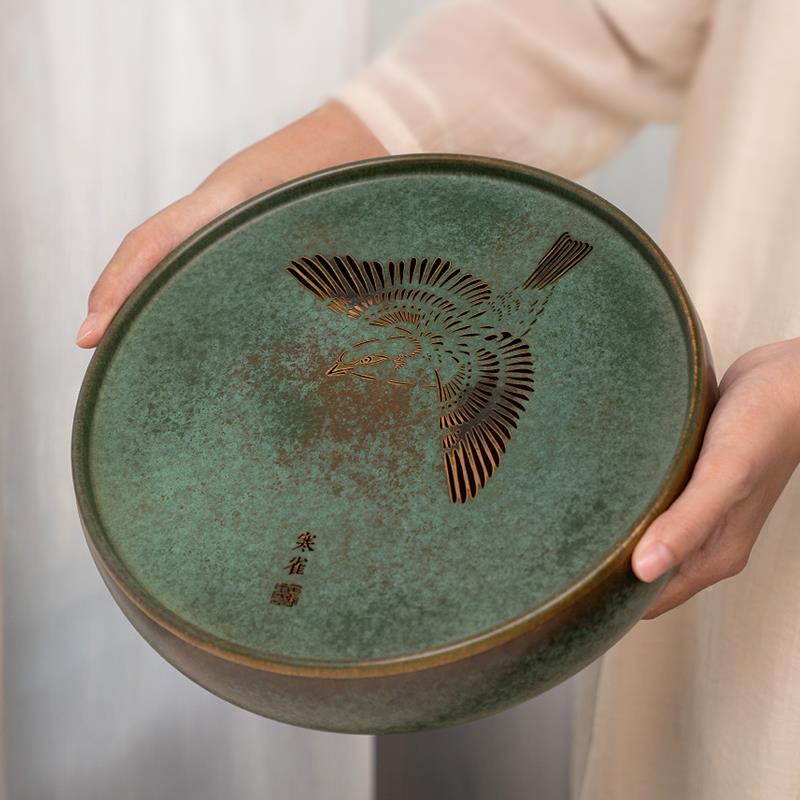 手工古彩台烧黄铜CH2-101茶盘办夫公家用储水干泡功小茶圆形高复
