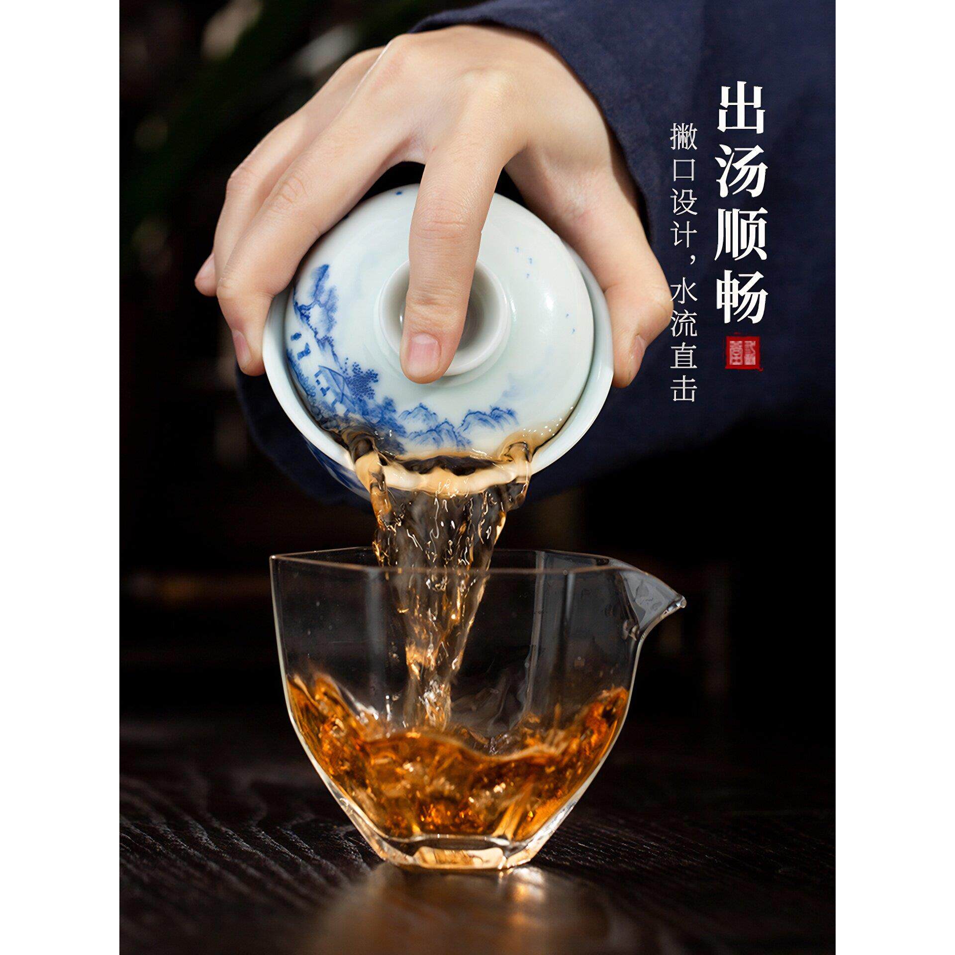 三秦堂山盖碗景镇青花瓷夫手绘茶水具壶套德装功TLX盖碗茶杯